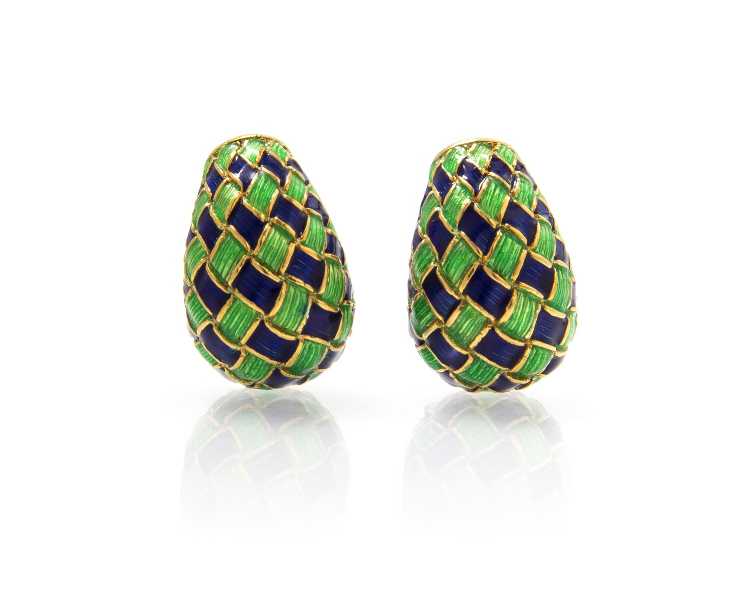 A Pair of 18 Karat Yellow Gold and Polychrome Enamel Earclips, Italian, 10.10 dwts.