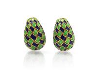 A Pair of 18 Karat Yellow Gold and Polychrome Enamel Earclips, Italian, 10.10 dwts.