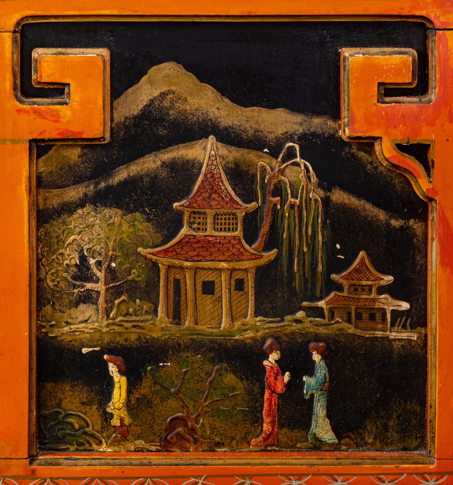 A Seven-Piece Red Painted Chinoiserie Decorated Salon Suite