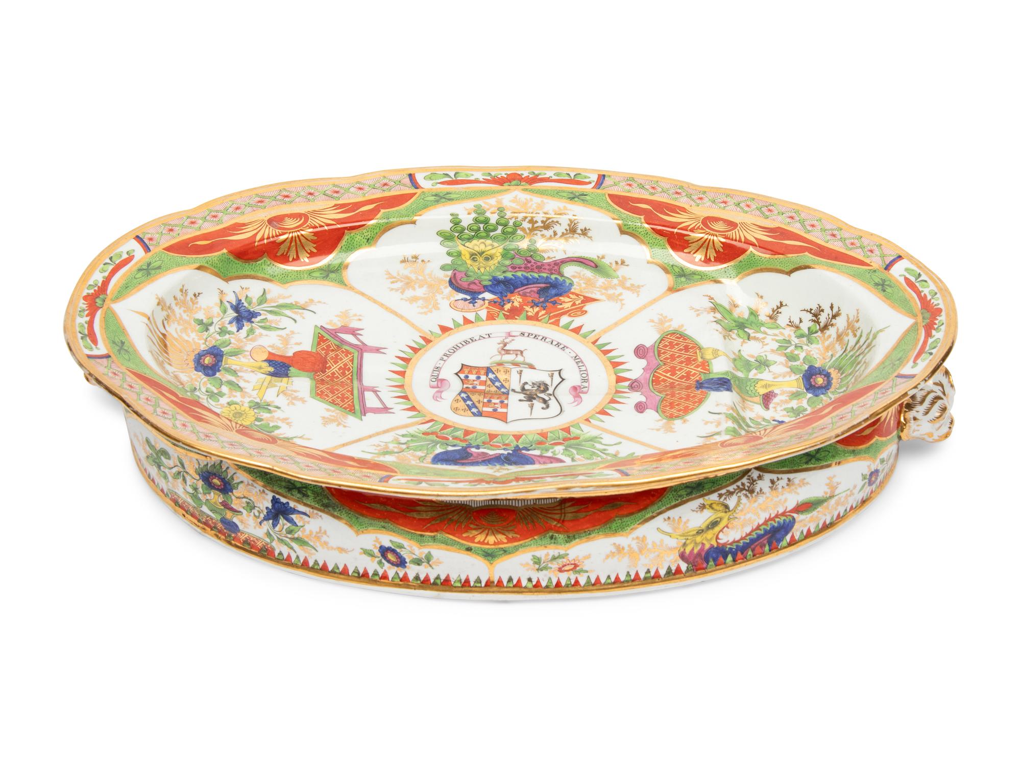 A Chamberlain Worcester Dragons in Compartments Porcelain Well-and-Tree Meat Platter and Chafing Dish