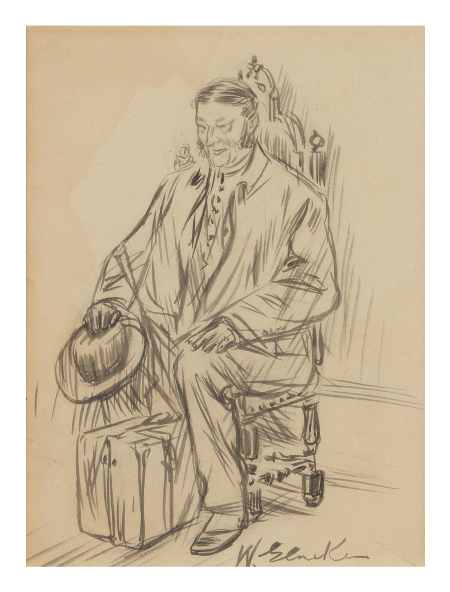 William Glackens, (American, 1870-1938), Seated Man with Hat and Suitcase