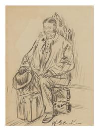 William Glackens, (American, 1870-1938), Seated Man with Hat and Suitcase