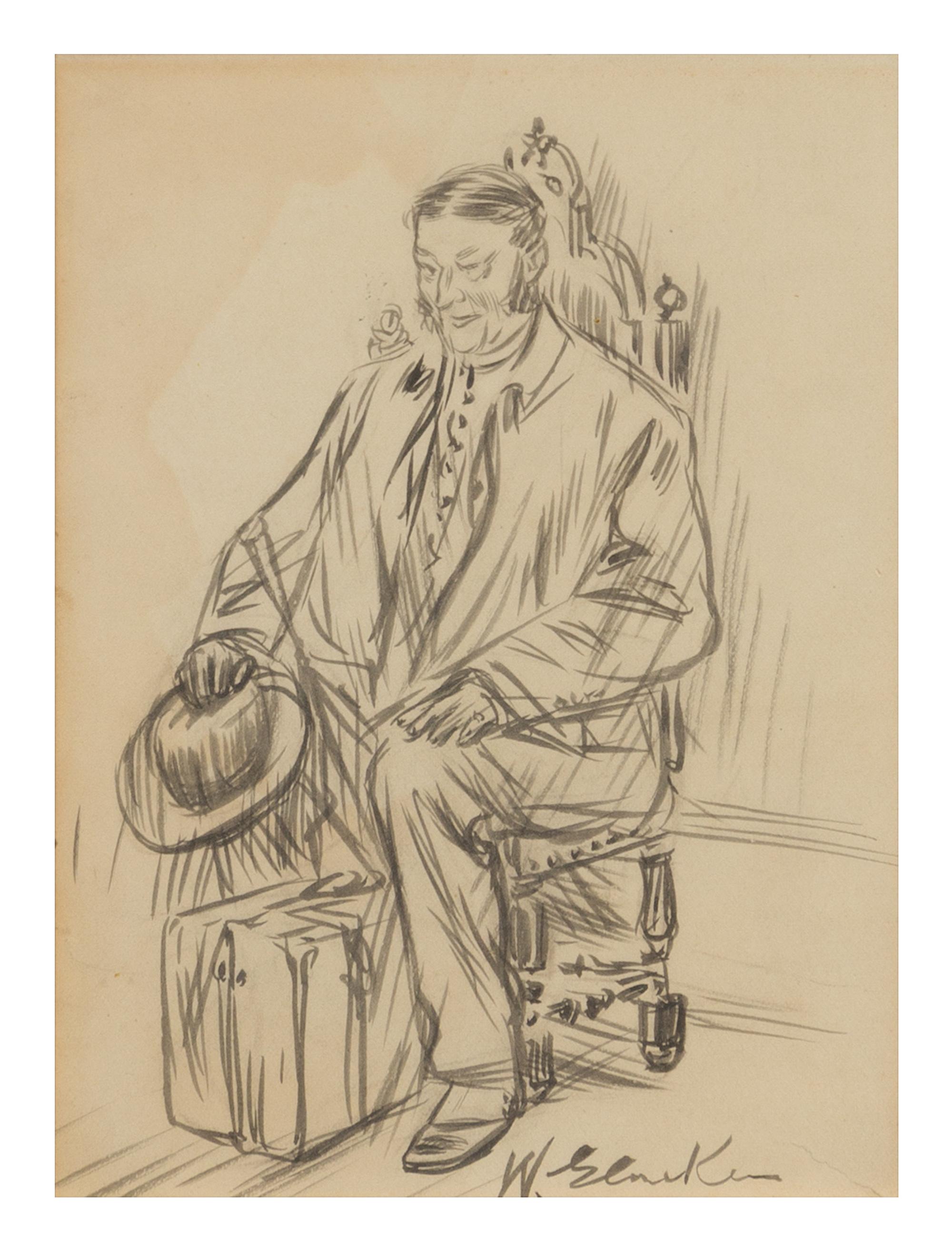 William Glackens, (American, 1870-1938), Seated Man with Hat and Suitcase