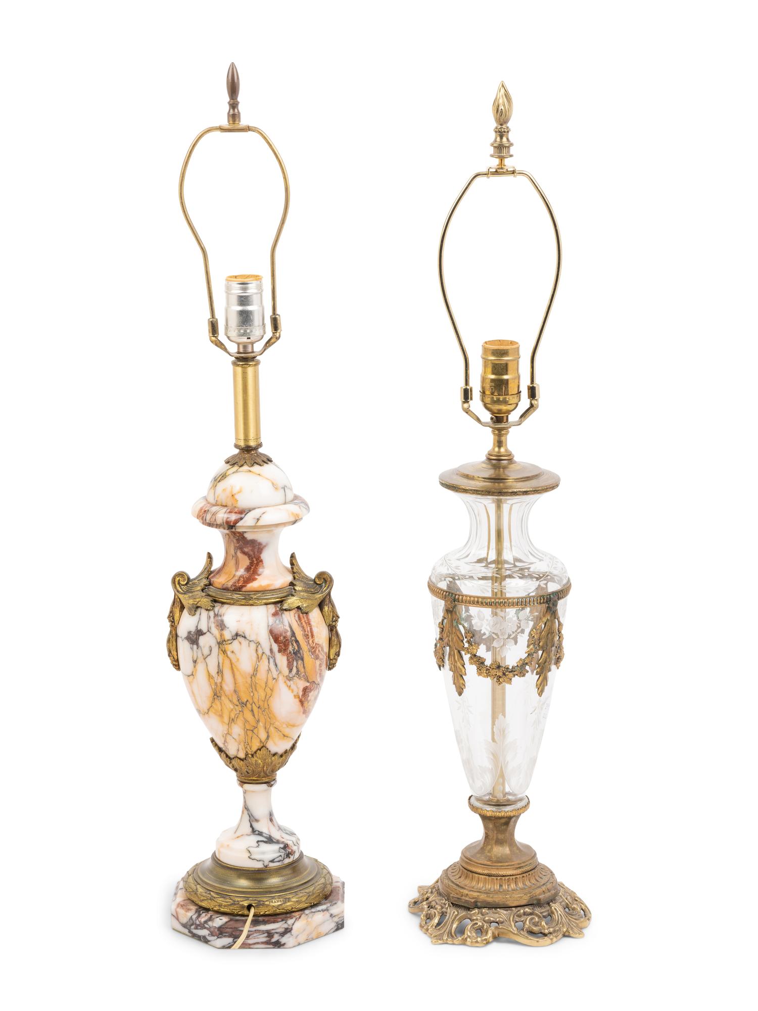 A French Gilt Bronze Mounted Marble Urn and a French Gilt Metal Mounted Cut Glass Vase, Both Mounted as Lamps