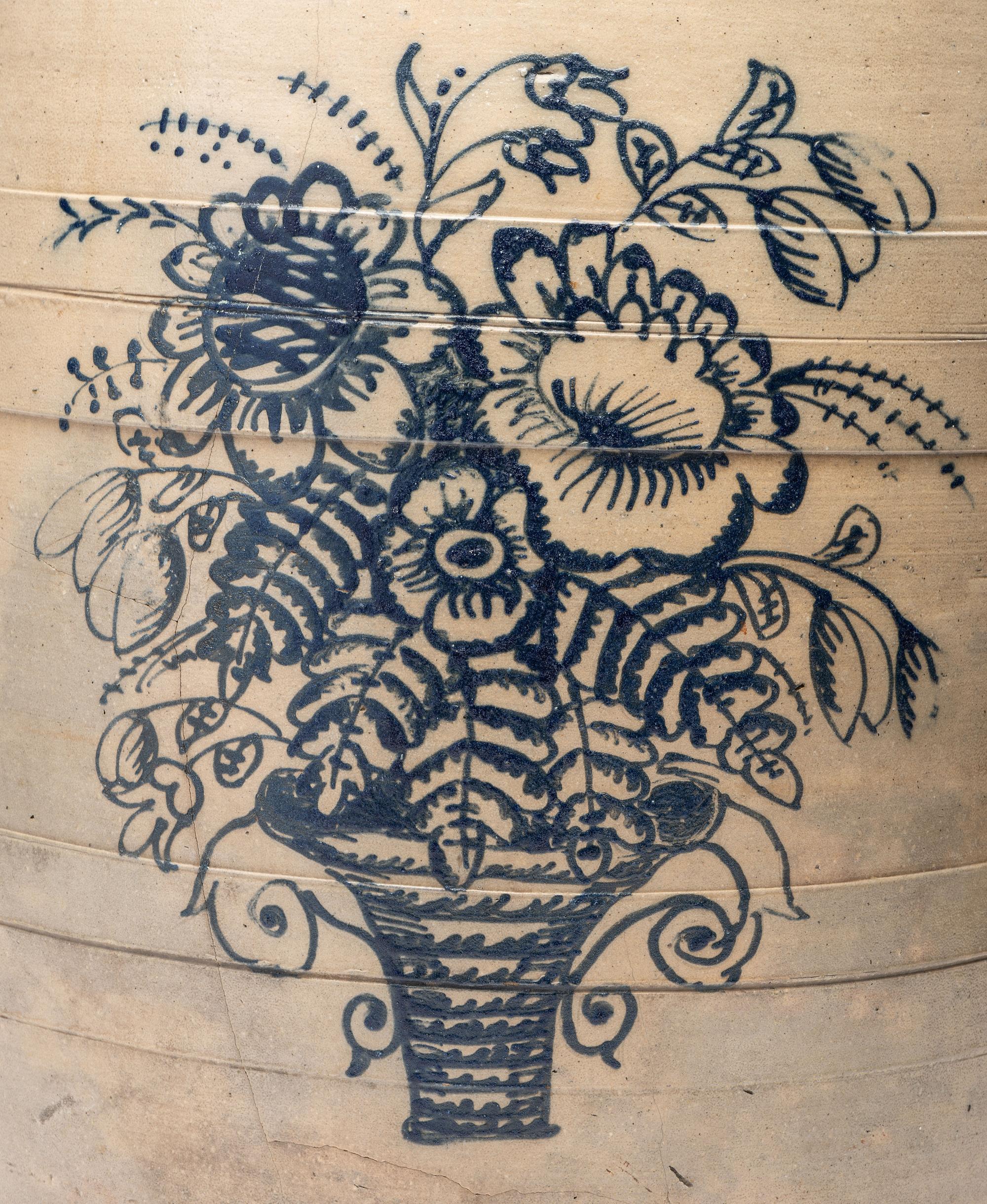 A Ten-Gallon Stoneware Keg with Floral Basket Decoration