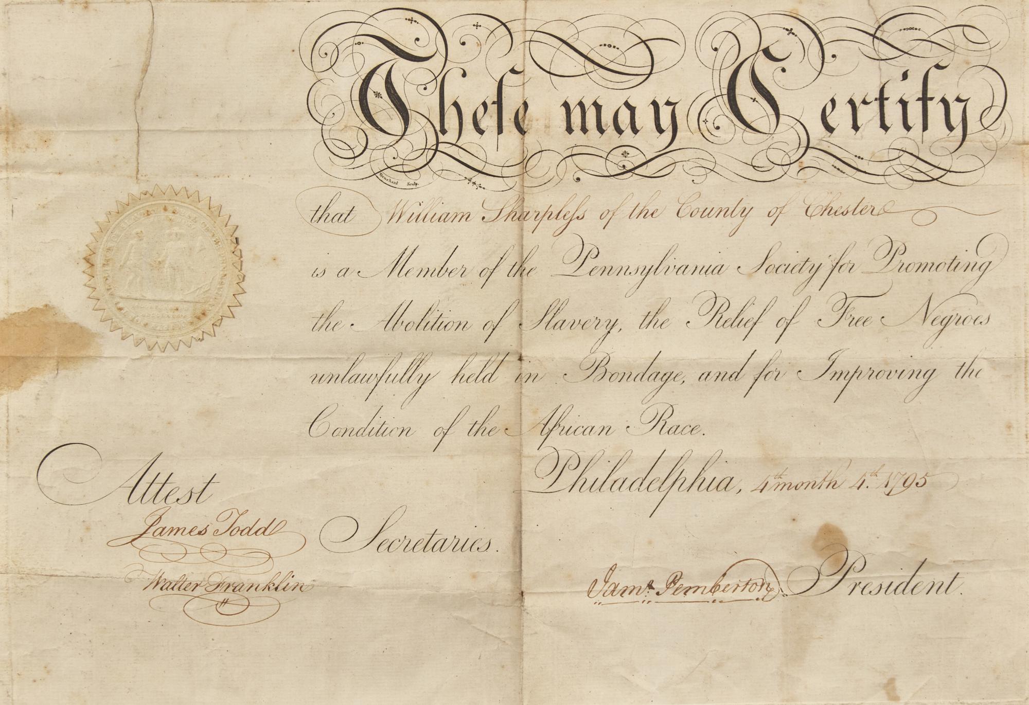 [African-Americana] Pemberton, James. Membership Certificate for the Pennsylvania Society for Promoting the Abolition of Slavery
