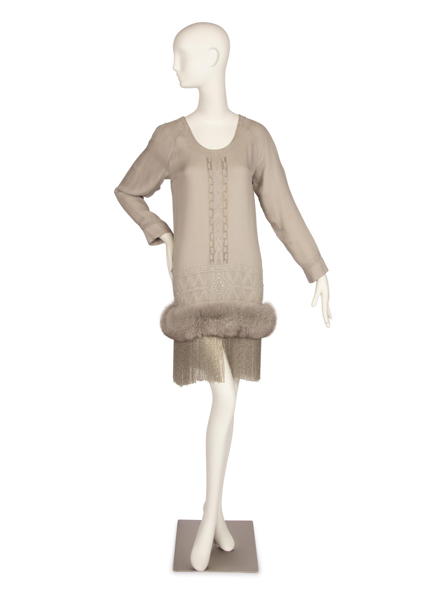 J. Mendel Silk Dress with Beading and Fox Fur Trim, 1990-2000s