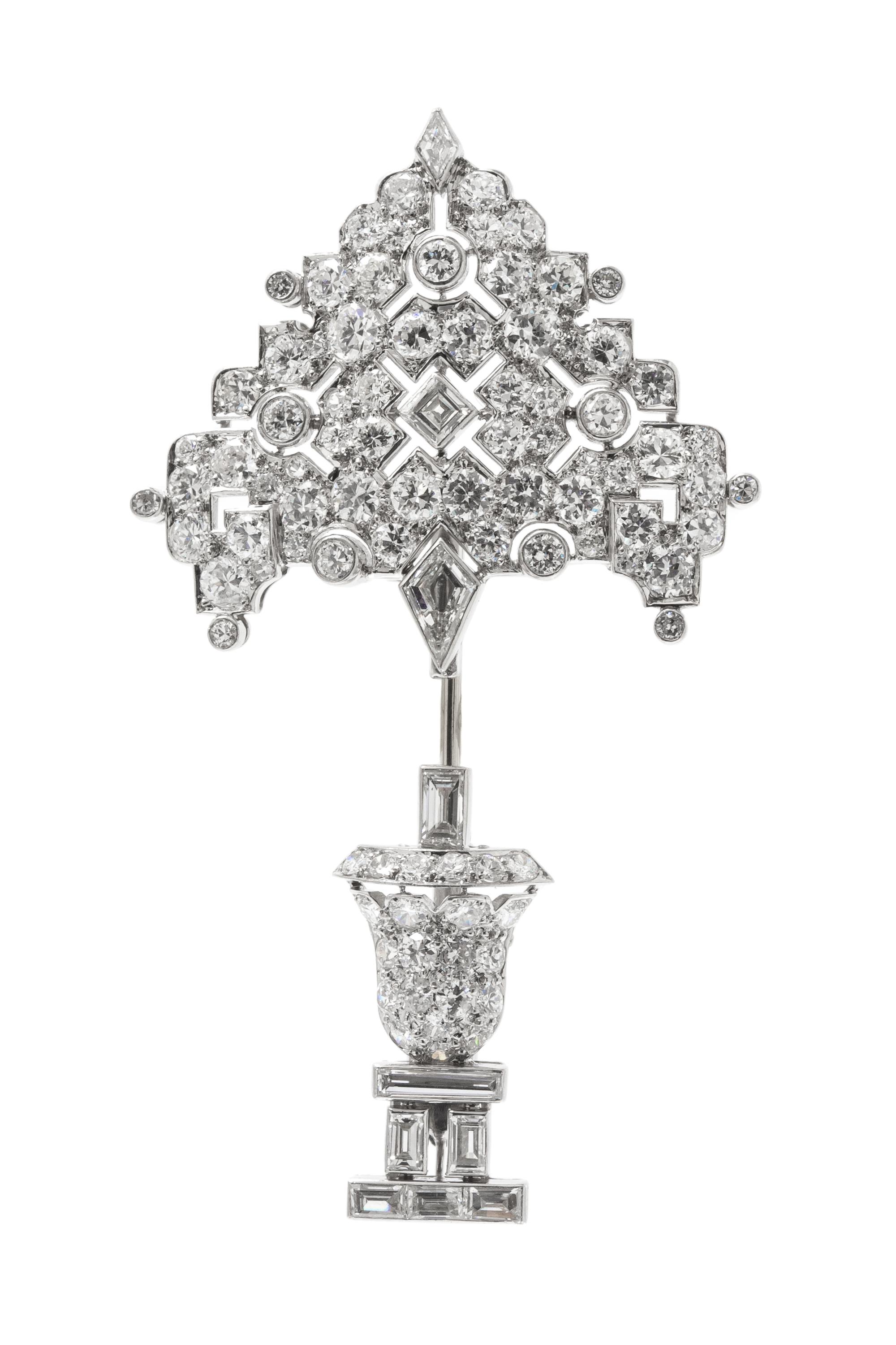An Art Deco Platinum and Diamond Topiary Motif Jabot Brooch, 7.30 dwts.