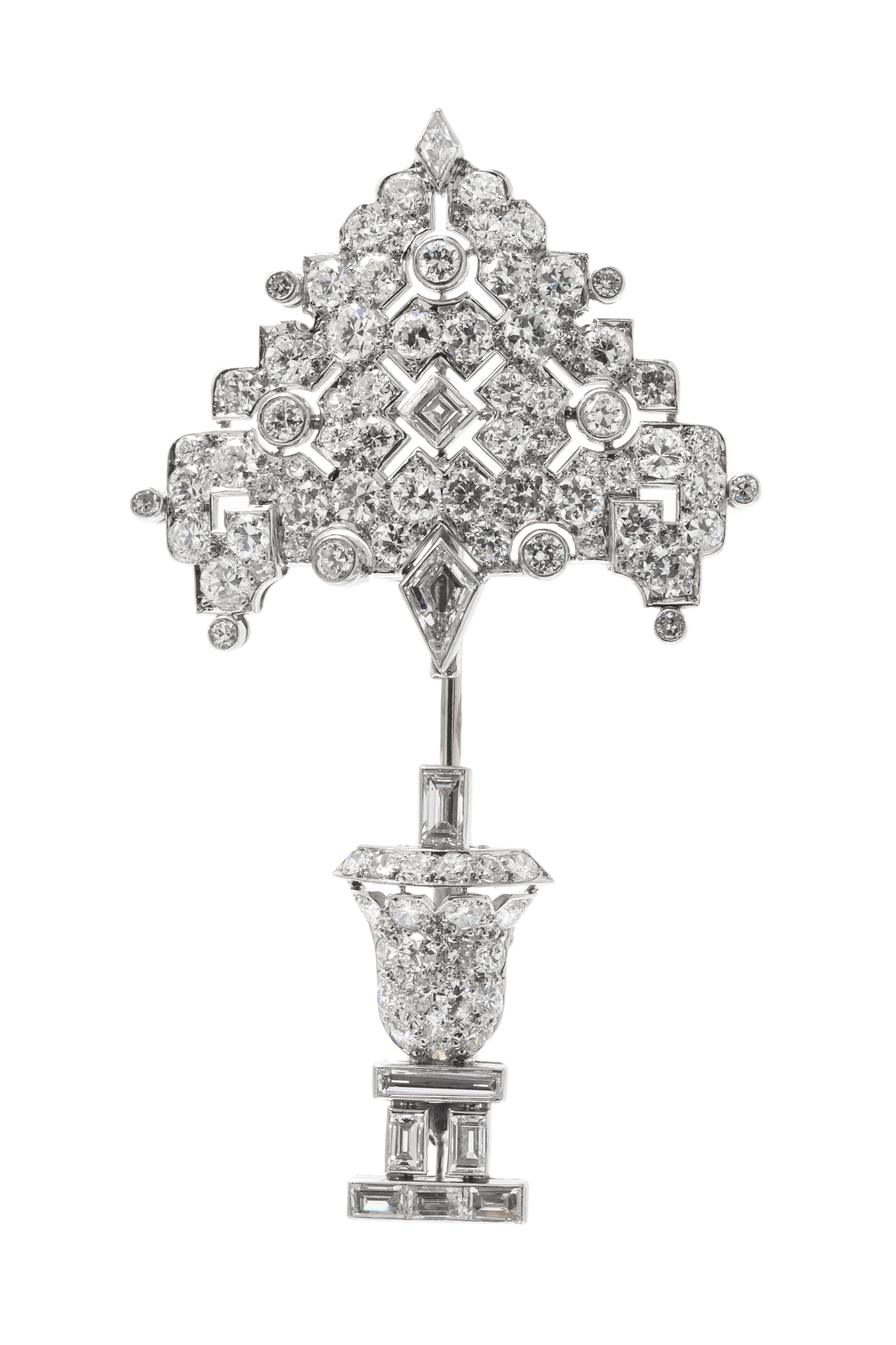 An Art Deco Platinum and Diamond Topiary Motif Jabot Brooch, 7.30 dwts.