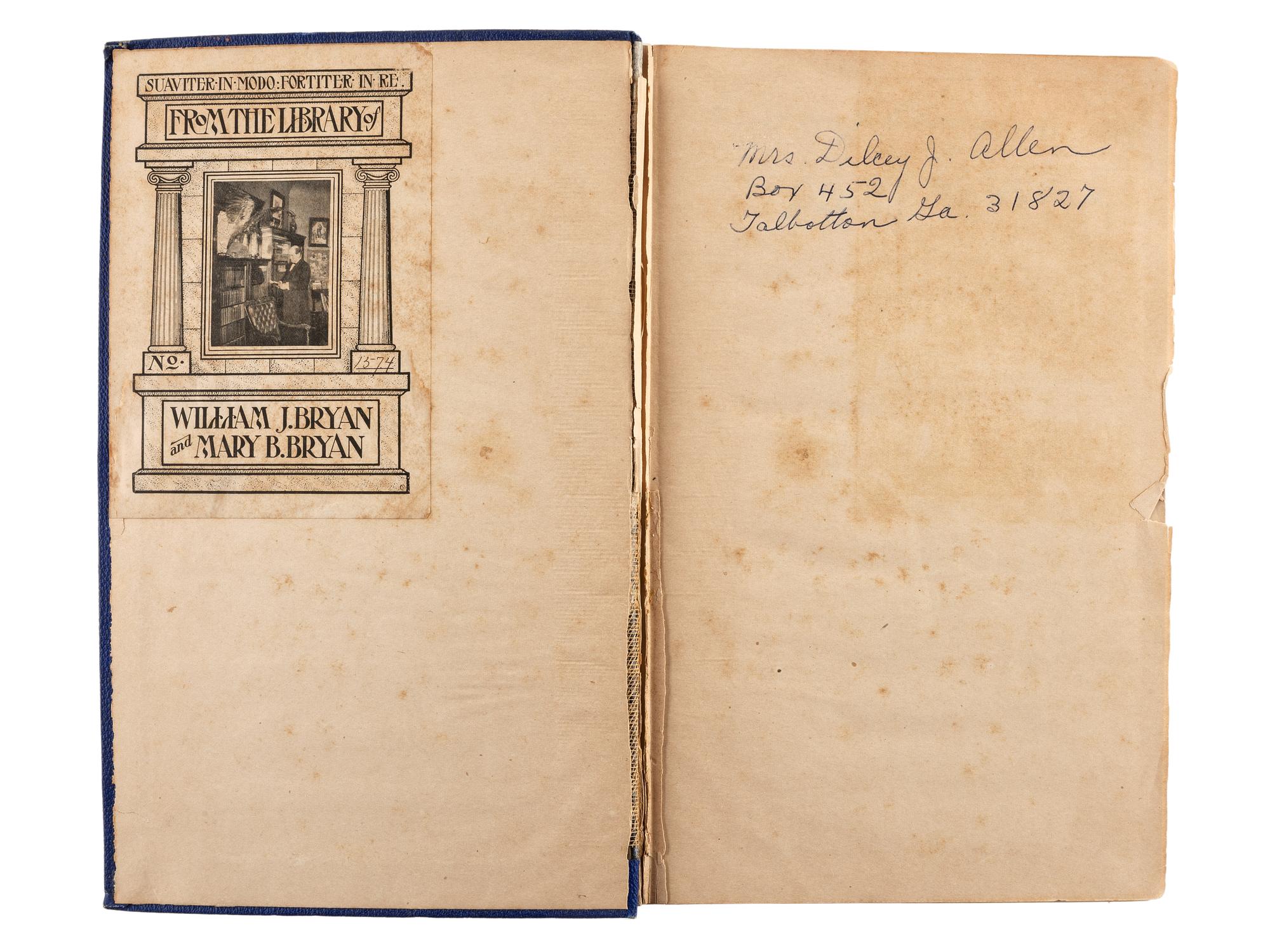 [BRYAN, William Jennings (1826-1925), his copies]. WARDER, George Woodward (1848-1907). The Cities of the Sun. New York: G.W. Dillingham Company, 1901. FIRST AMERICAN EDITION, PRESENTATION COPY, INSCRIBED BY WARDER TO BRYAN.