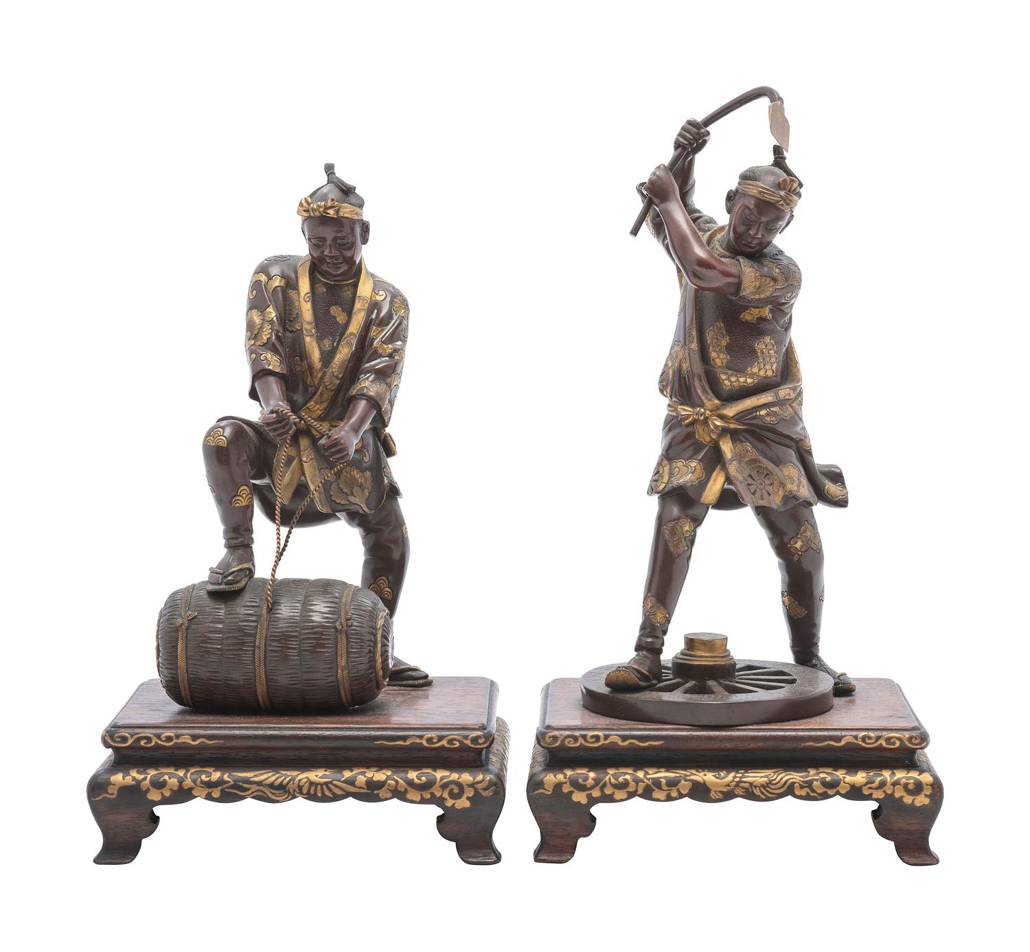 A Pair of Japanese Miyao Style Bronze Figures of Laborers