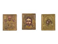 Nine Russian Brass Oklad Mounted Miniature Icons of Saints