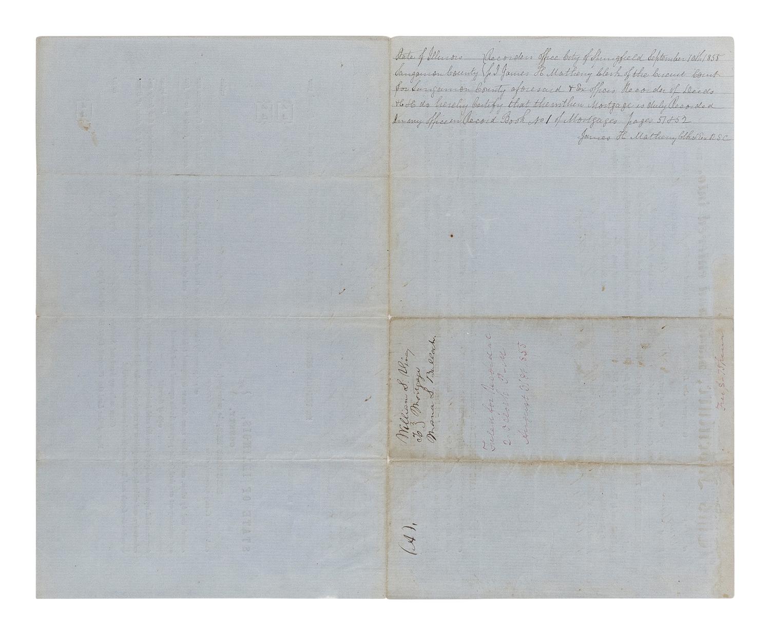 LINCOLN, Abraham (1809-1865). A small archive of 9 manuscript and partially printed documents relating to the Bullock Land Transaction, Springfield, Illinois, 1855-1859, comprising: