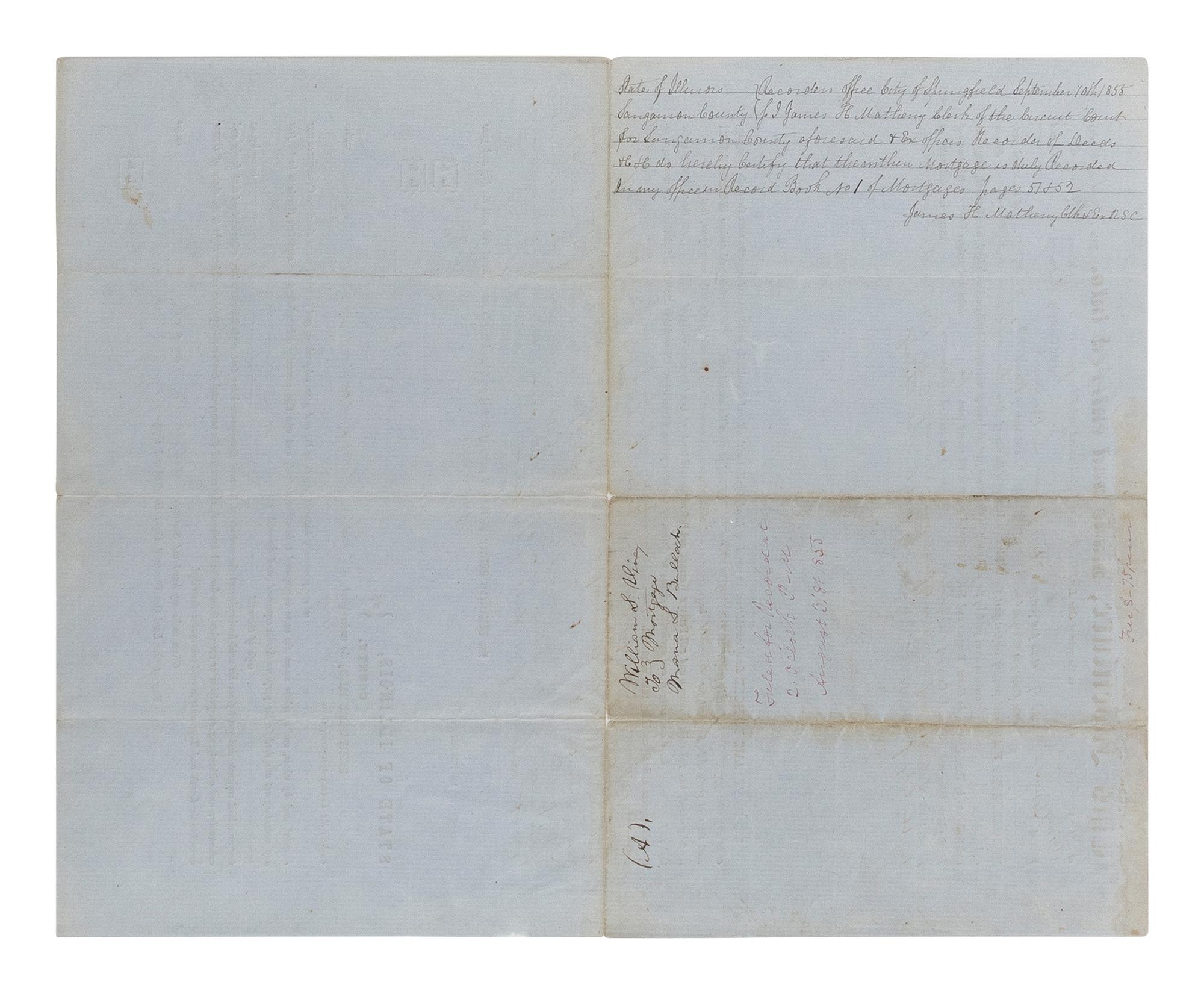 LINCOLN, Abraham (1809-1865). A small archive of 9 manuscript and partially printed documents relating to the Bullock Land Transaction, Springfield, Illinois, 1855-1859, comprising: