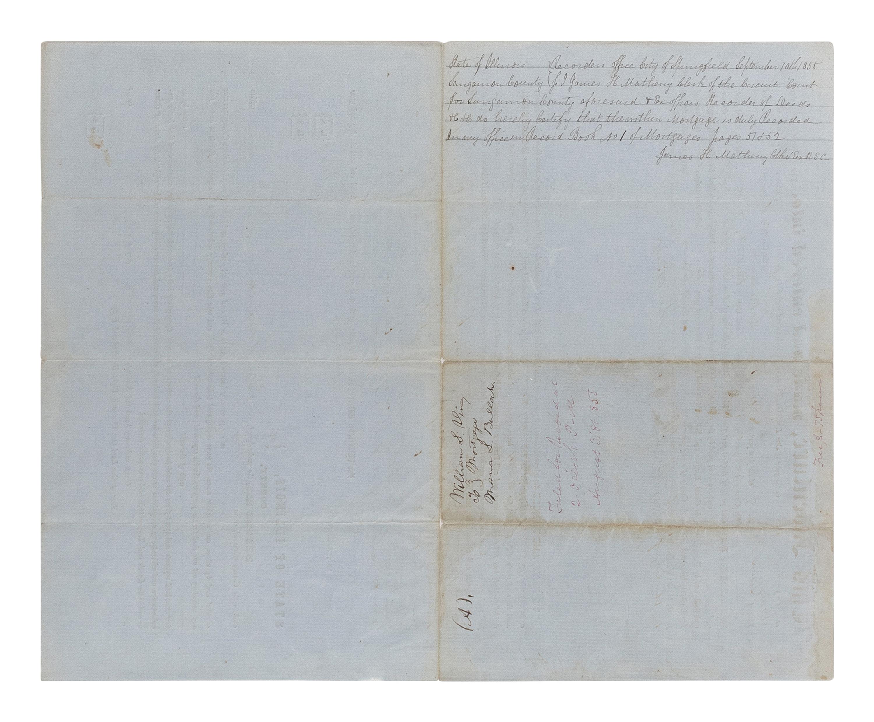 LINCOLN, Abraham (1809-1865). A small archive of 9 manuscript and partially printed documents relating to the Bullock Land Transaction, Springfield, Illinois, 1855-1859, comprising: