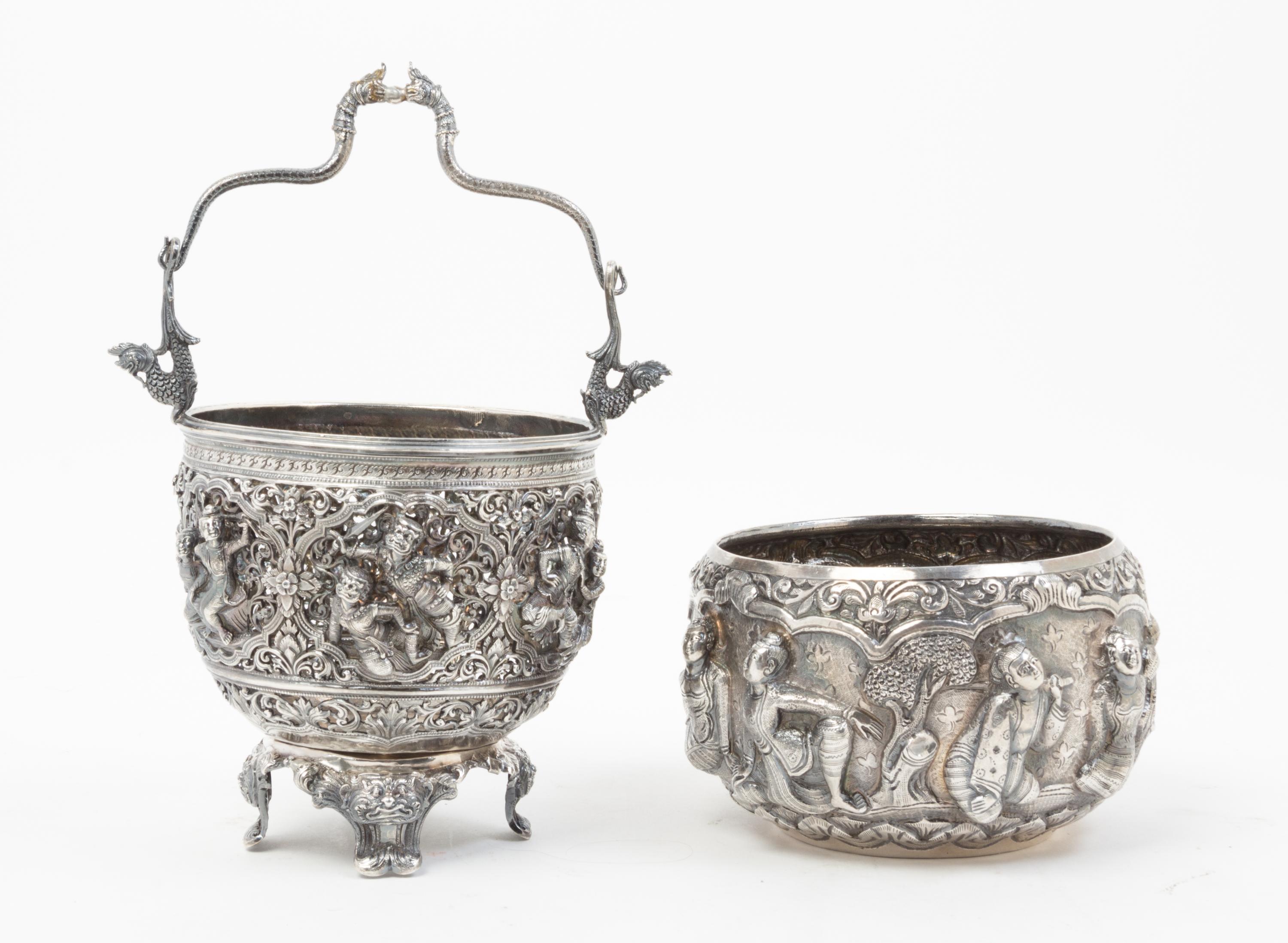 A Group of Southeast Asian Silver Articles, , comprising four spoons, four serving spoons, one pair of tongs, and two bowls.