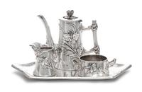 A German Silver Three-Piece Tea Service, Gebruder Deyhle, Schwabisch Gmund, 20th Century, comprising a teapot, creamer and sugar, each