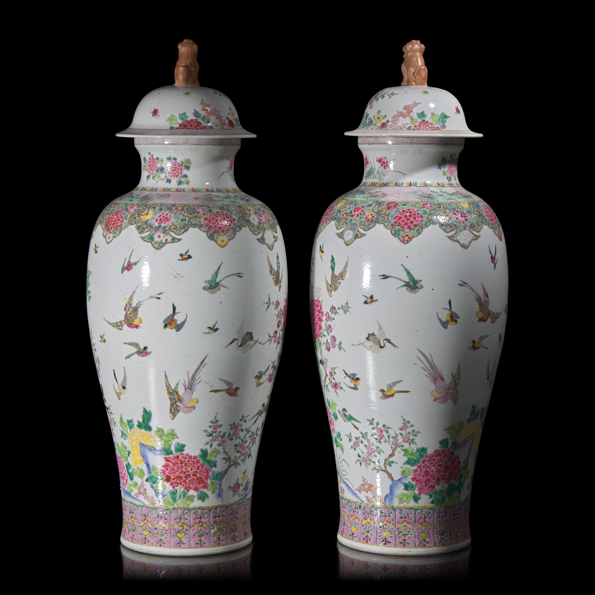 A Pair of Large Chinese Famille Rose Covered Vases 粉彩花鳥圖大蓋瓶一對