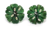 A Pair of 18 Karat White Gold, Green Glass, Diamond and Peridot Flower Motif Earclips, 21.70 dwts.