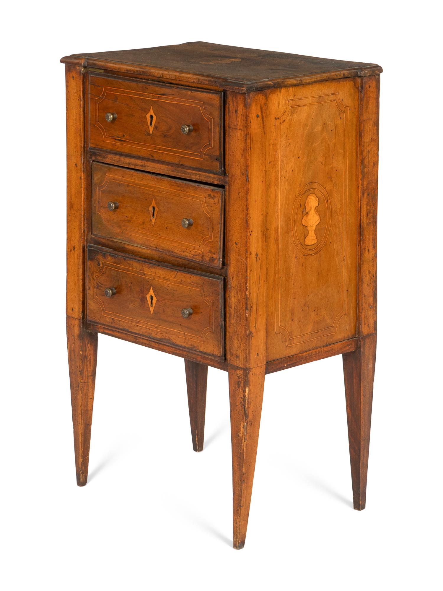 An Italian Walnut and Marquetry Commodino