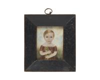 Attributed to Mrs. Moses B. Russell (Clarissa Peters, 1809-1854), A Portrait Miniature of a Little Boy Holding a Staffordshire Figure of a Lion