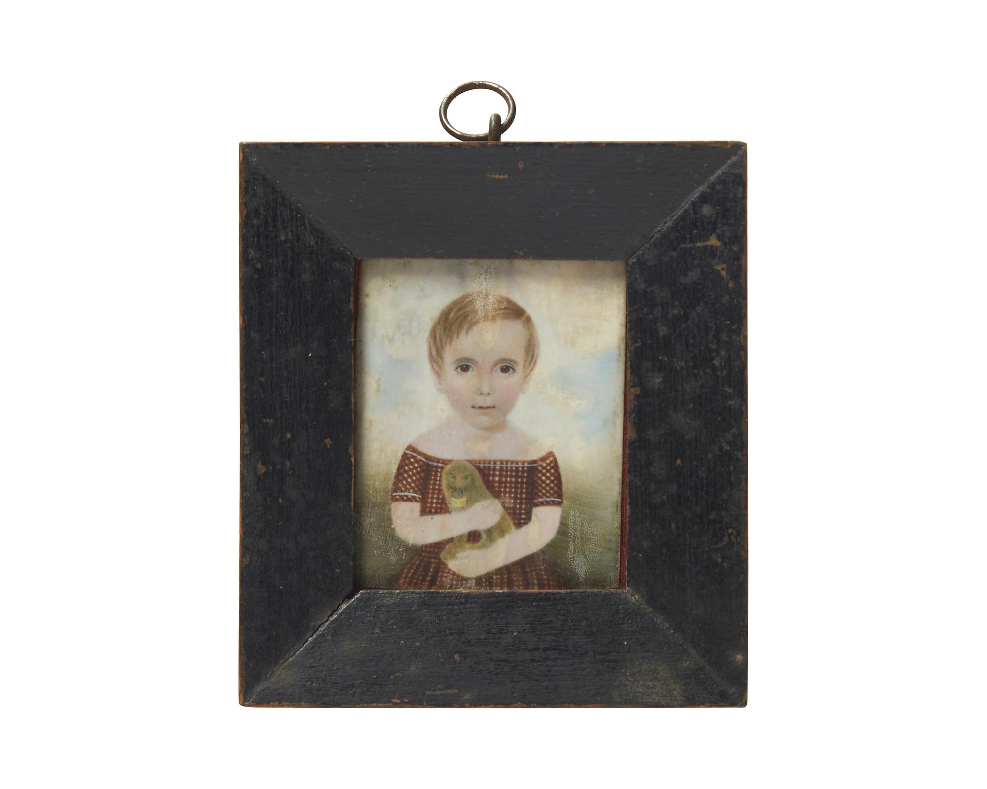Attributed to Mrs. Moses B. Russell (Clarissa Peters, 1809-1854), A Portrait Miniature of a Little Boy Holding a Staffordshire Figure of a Lion