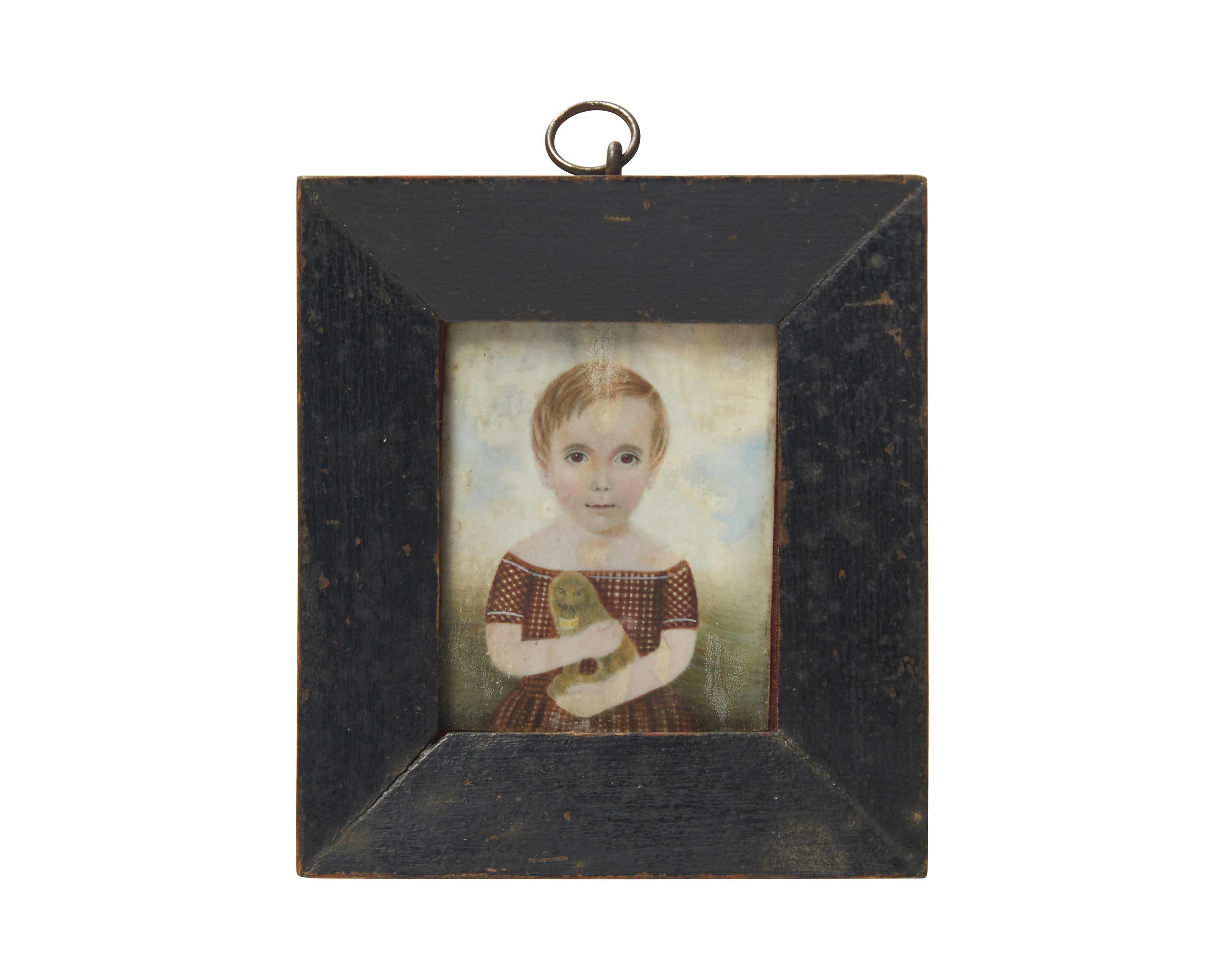 Attributed to Mrs. Moses B. Russell (Clarissa Peters, 1809-1854), A Portrait Miniature of a Little Boy Holding a Staffordshire Figure of a Lion