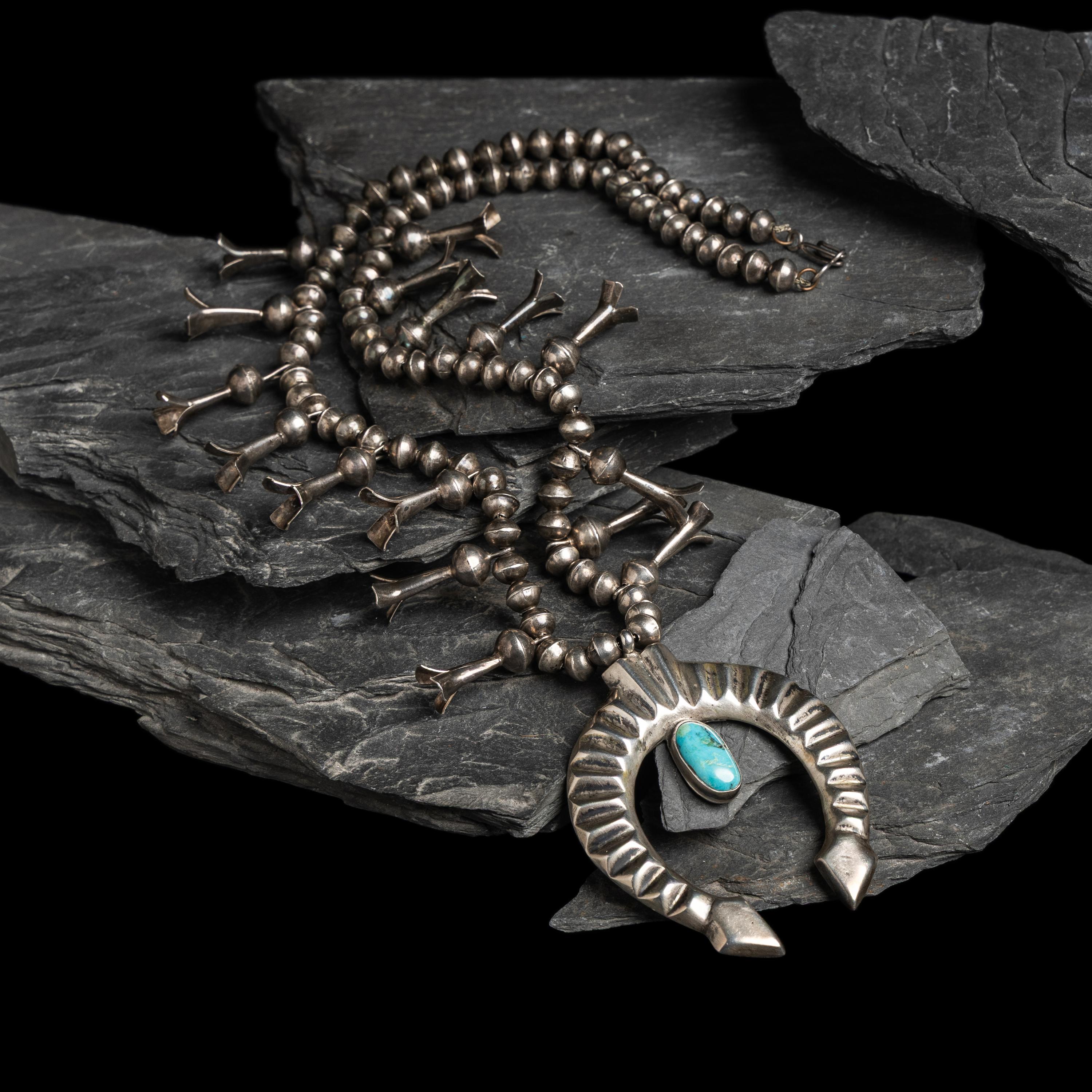 Sadie Randolph (Diné, 20th century) — Silver and Turquoise Squash Blossom Necklace