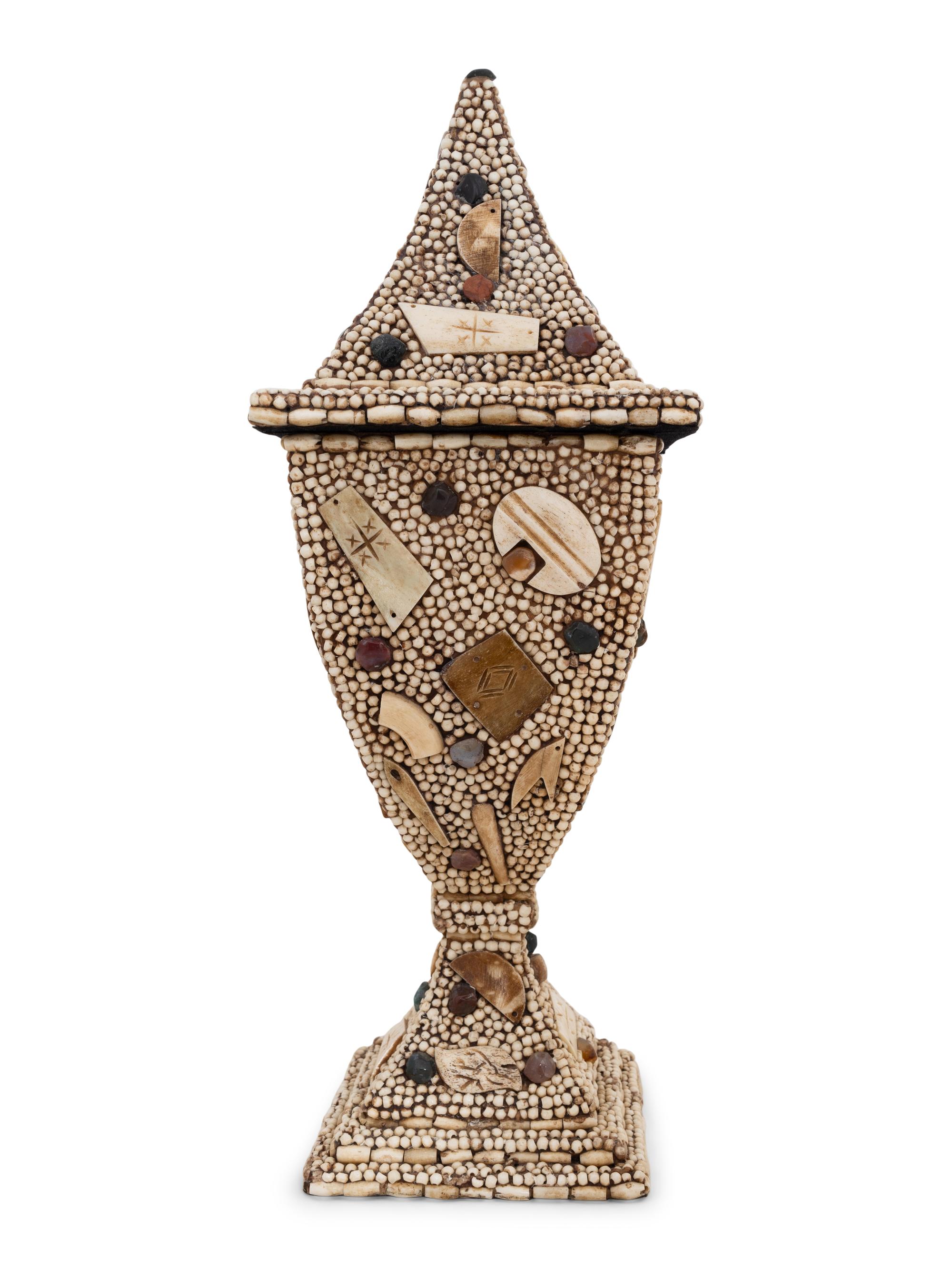 A Victorian Style Beadwork and Hardstone Mounted Lidded Urn
