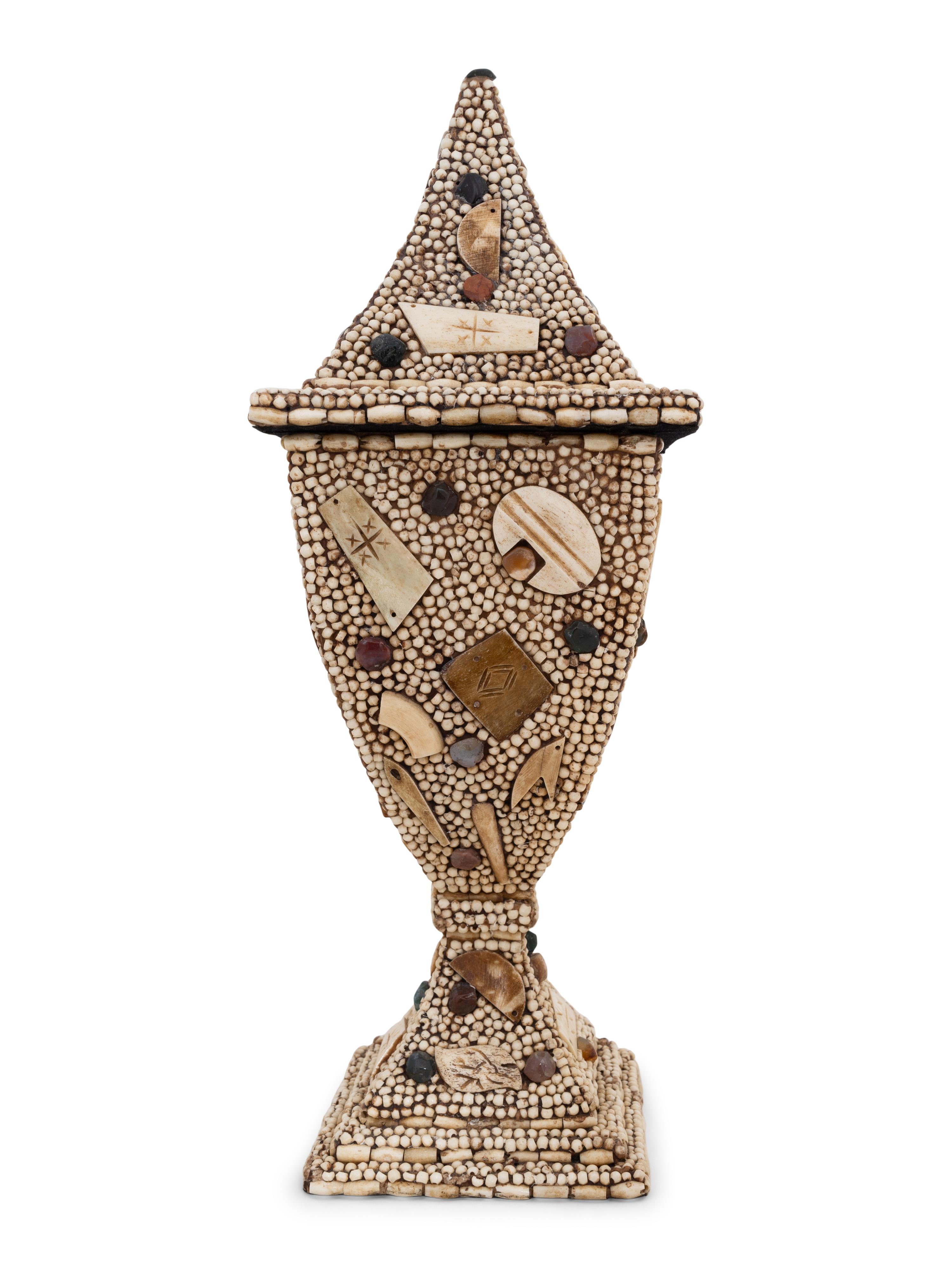 A Victorian Style Beadwork and Hardstone Mounted Lidded Urn