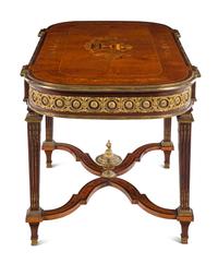 A Louis XVI Style Gilt Bronze Mounted Amboyna and Marquetry Center Table