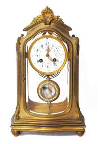 Louis XV-style brass and glass mantle clock french, signed J. Vernet, retailed by j.e. caldwell, philadelphia, pa, circa 1900