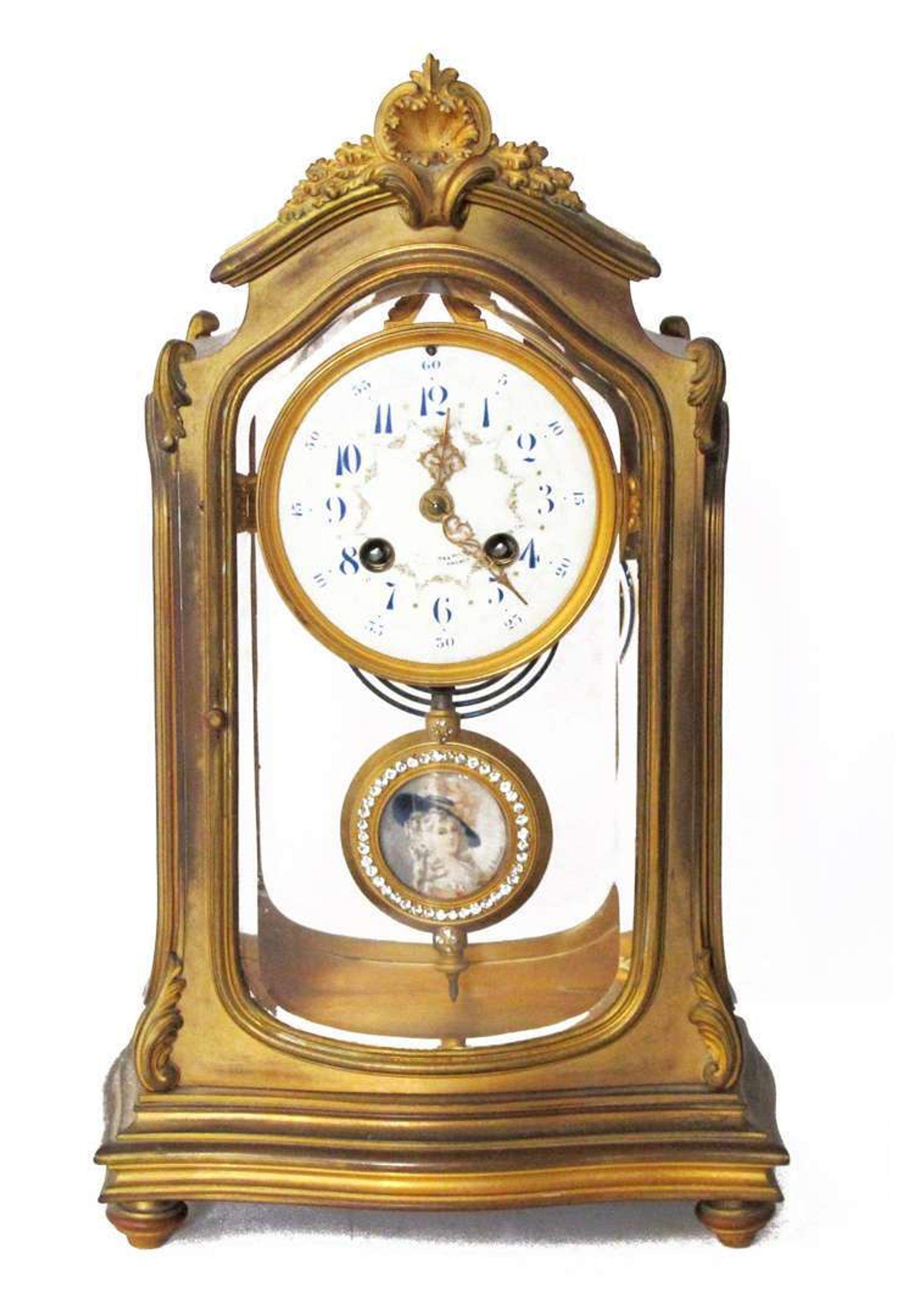Louis XV-style brass and glass mantle clock french, signed J. Vernet, retailed by j.e. caldwell, philadelphia, pa, circa 1900