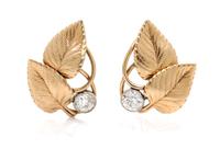 A Pair of Yellow Gold, Platinum and Diamond Leaf Motif Earclips, Harry S. Bick & Sons, 3.80 dwts.