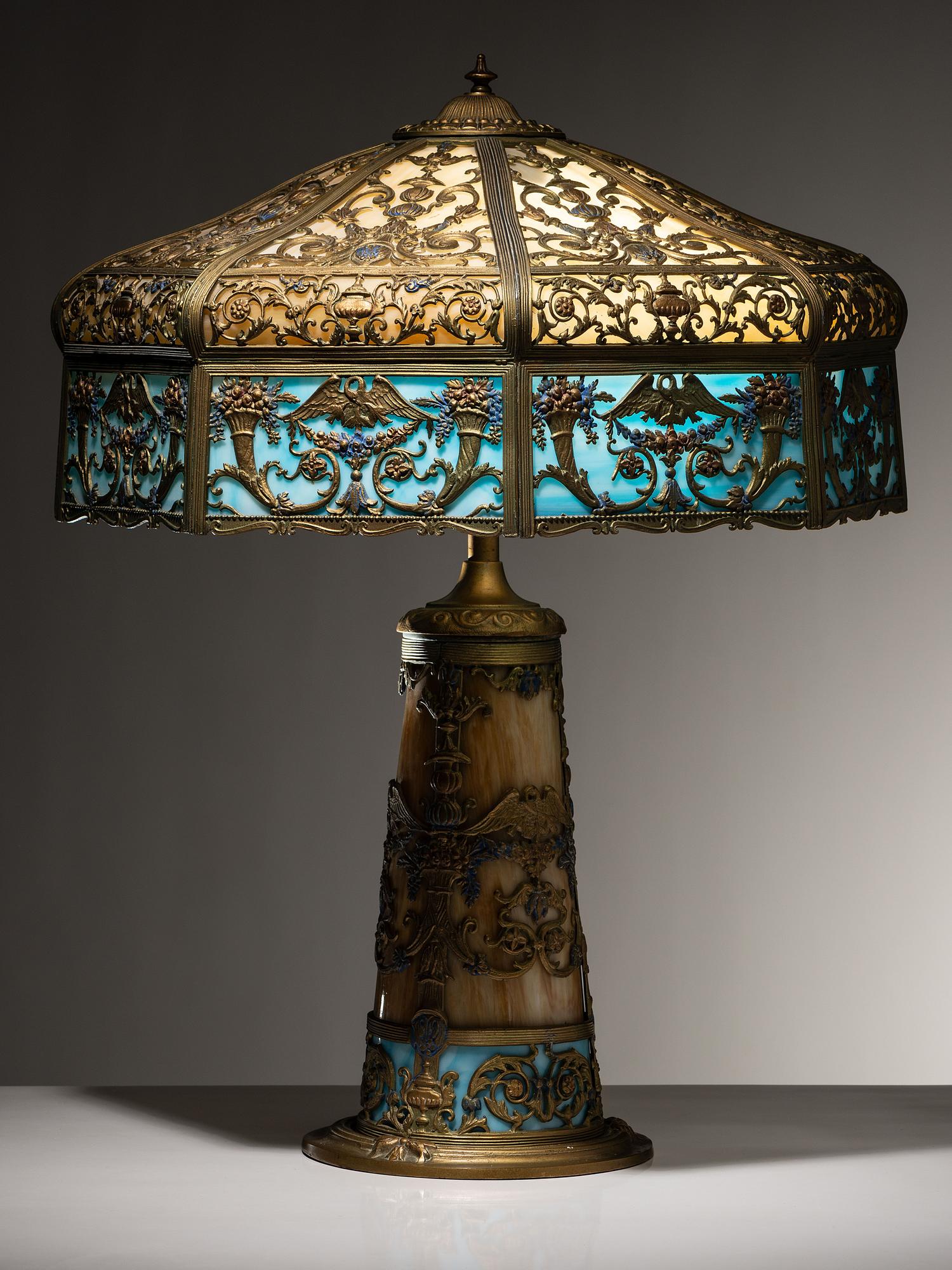 Slag Glass Lamp with Lighted Base