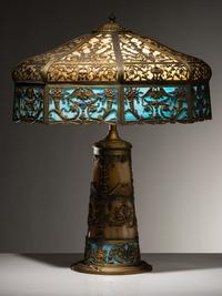 Slag Glass Lamp with Lighted Base