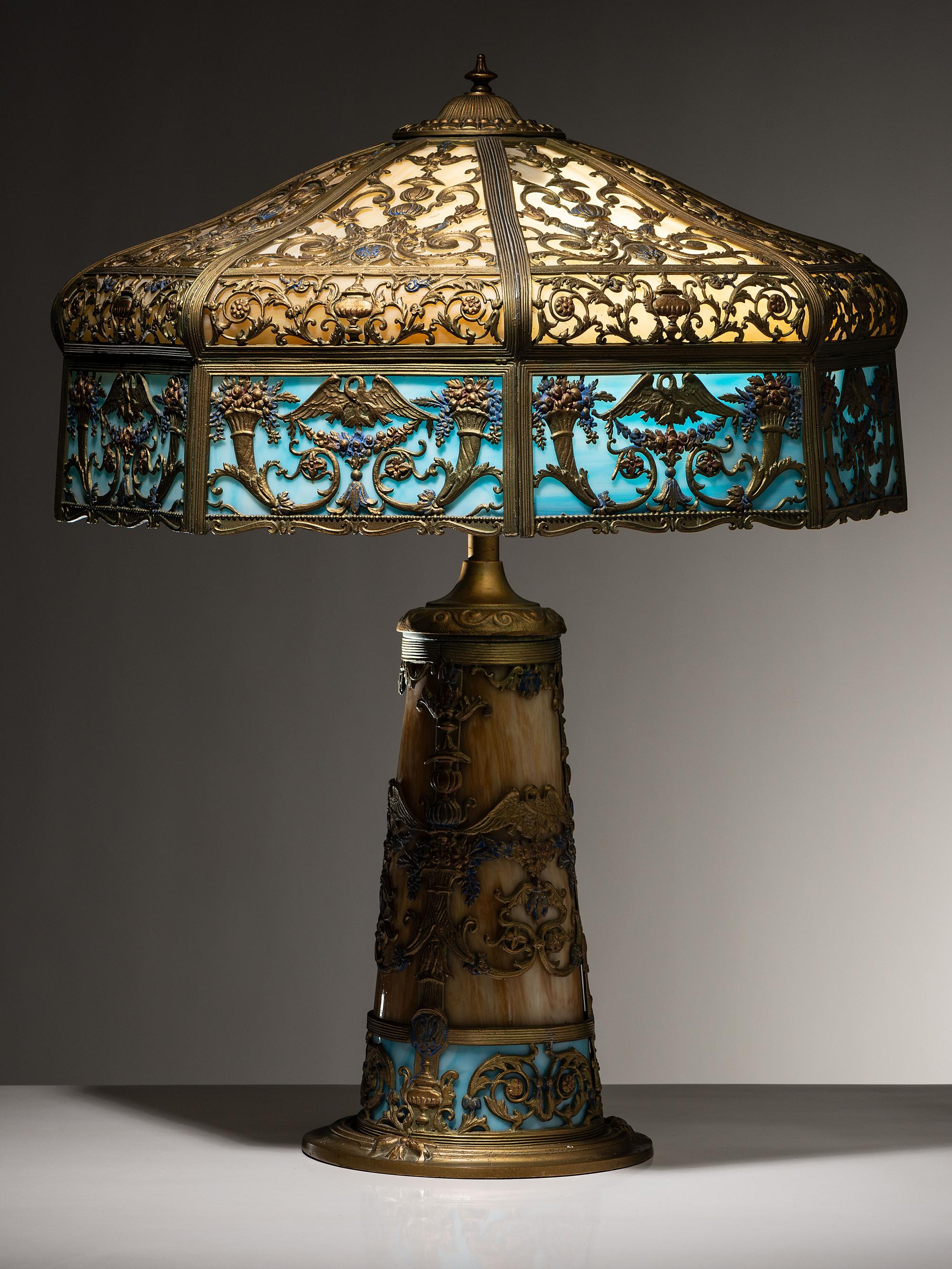 Slag Glass Lamp with Lighted Base