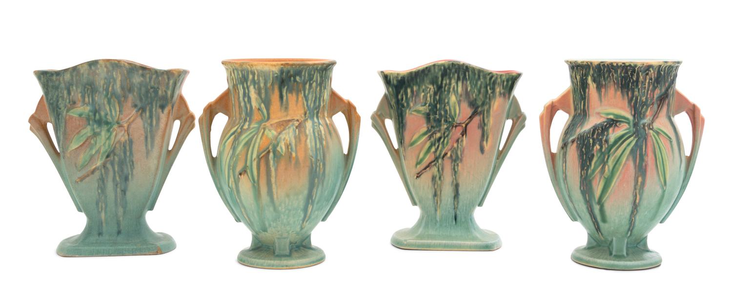 Two Pairs of Roseville Moss Pottery Vases Height of each pair 7 1/4 inches.