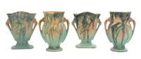 Two Pairs of Roseville Moss Pottery Vases Height of each pair 7 1/4 inches.