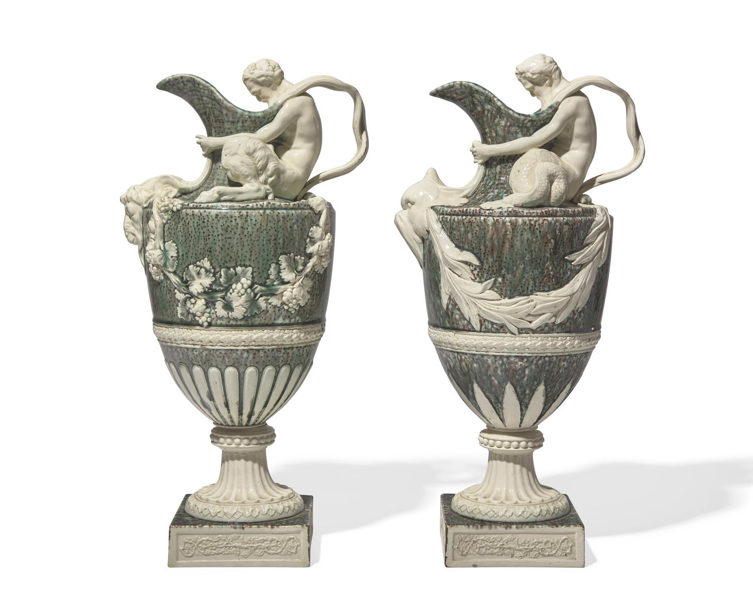 A Pair of Wedgwood Tin-Glazed Earthenware Bacchic Wine Ewers