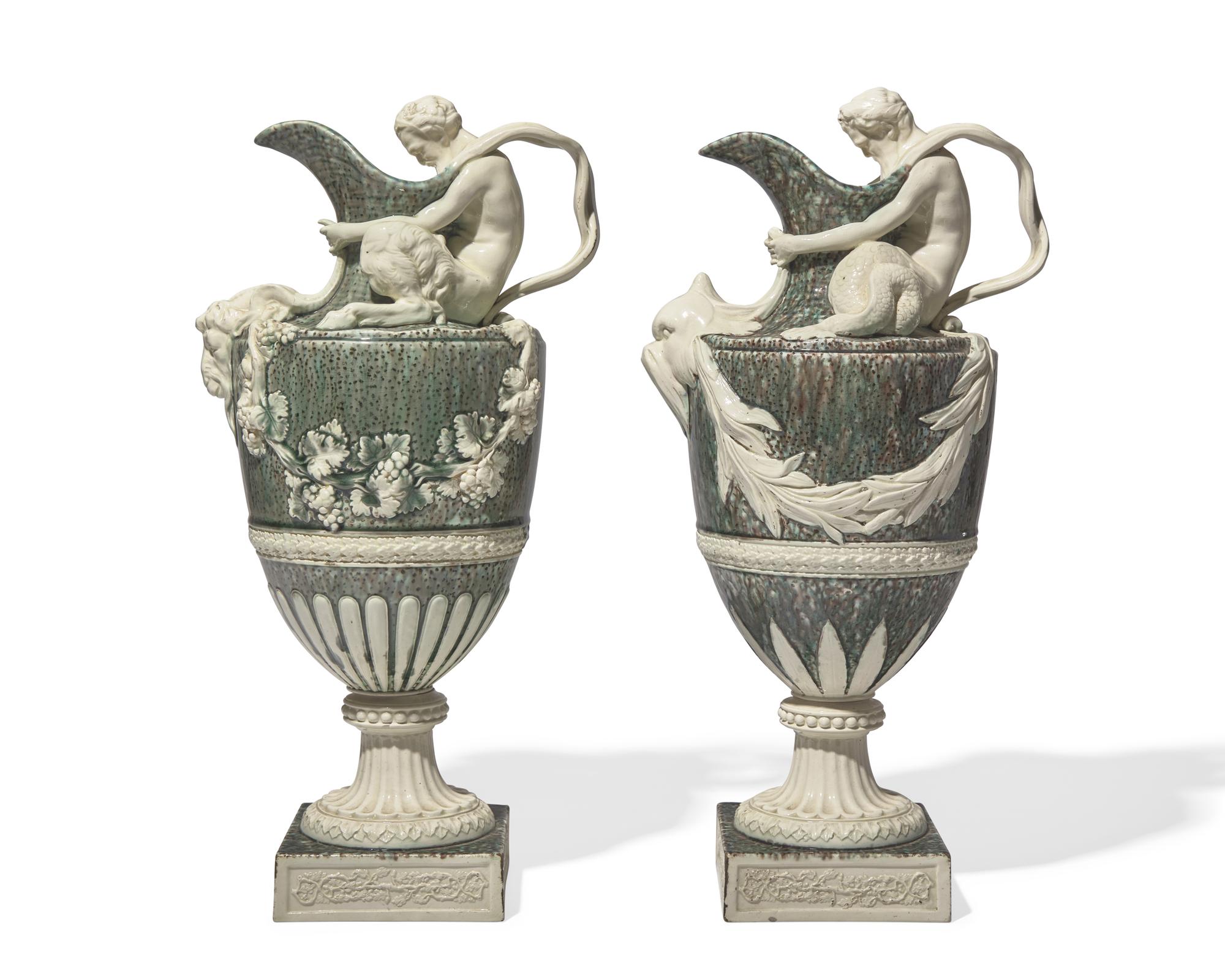 A Pair of Wedgwood Tin-Glazed Earthenware Bacchic Wine Ewers