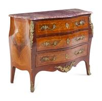A Louis XVI Style Gilt Bronze Mounted Marquetry Marble-Top Bombe Commode