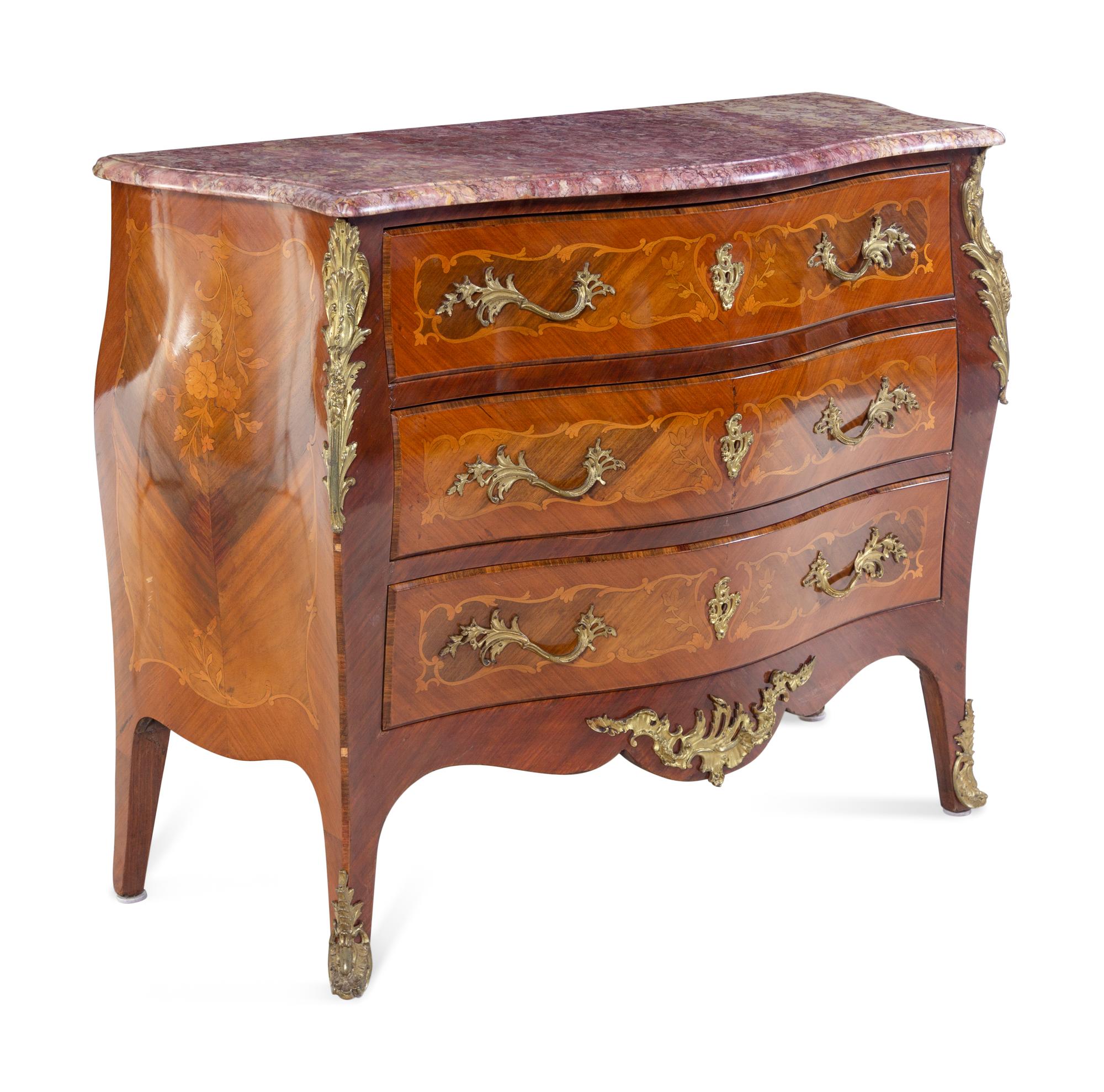 A Louis XVI Style Gilt Bronze Mounted Marquetry Marble-Top Bombe Commode
