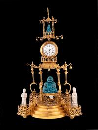 A Louis XV Style Gilt Bronze and Chinese Porcelain Mounted Pagoda-Form Mantel Clock