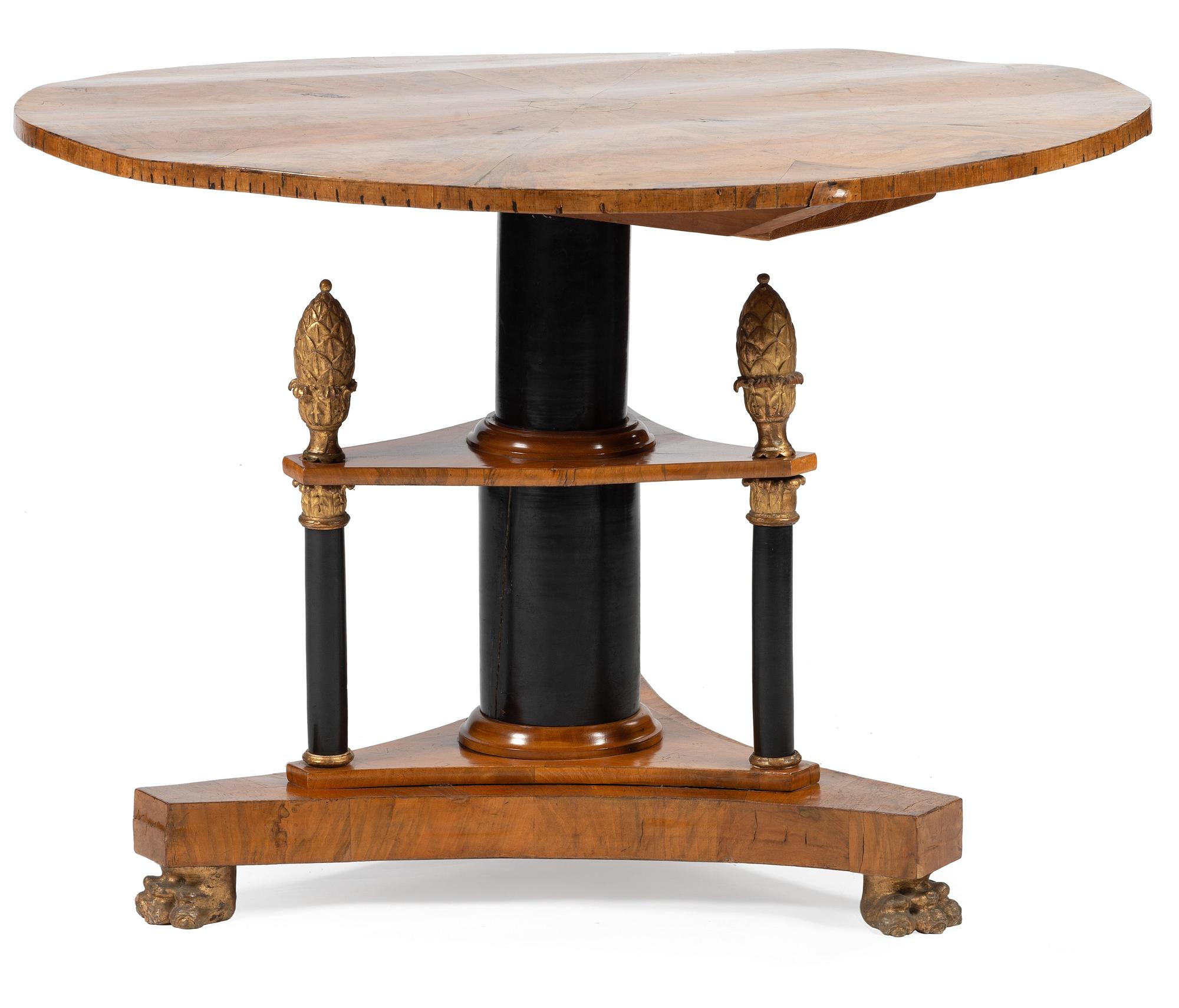 A Continental Neoclassical Parcel Gilt and Ebonized Burlwood Veneered Dining Table