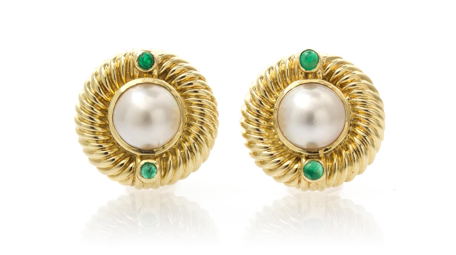 A Pair of 14 Karat Yellow Gold, Mabe Pearl and Emerald Earclips, David Yurman, 11.30 dwts.