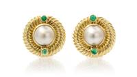 A Pair of 14 Karat Yellow Gold, Mabe Pearl and Emerald Earclips, David Yurman, 11.30 dwts.