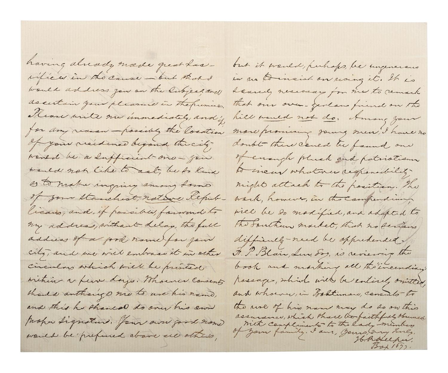 [SLAVERY & ABOLITION] -- [COCKRAN, Francis S. (1814-1886)]. Archive of letters to Maryland abolitionist and Underground Railroad supporter, comprising: