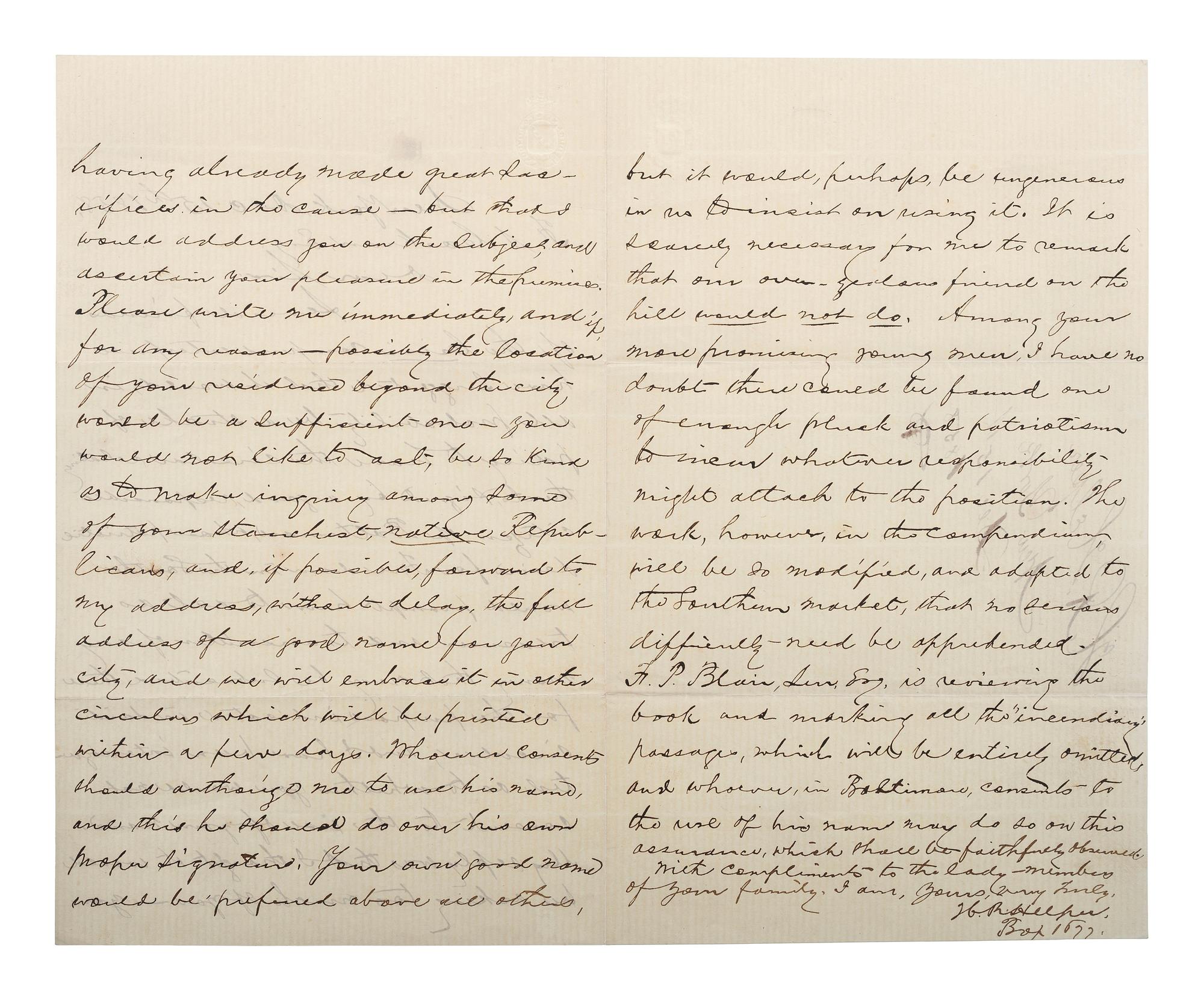 [SLAVERY & ABOLITION] -- [COCKRAN, Francis S. (1814-1886)]. Archive of letters to Maryland abolitionist and Underground Railroad supporter, comprising: