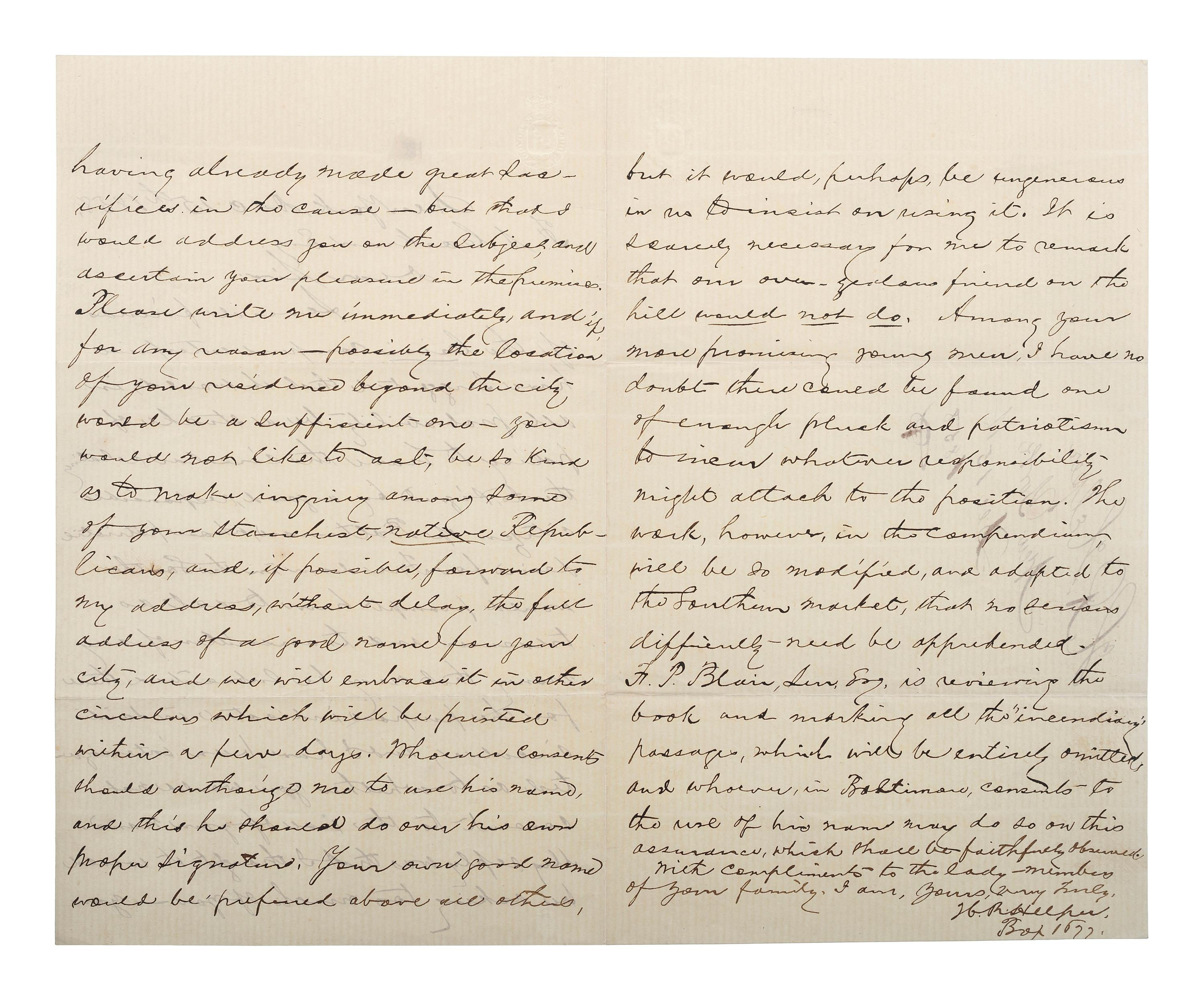 [SLAVERY & ABOLITION] -- [COCKRAN, Francis S. (1814-1886)]. Archive of letters to Maryland abolitionist and Underground Railroad supporter, comprising: